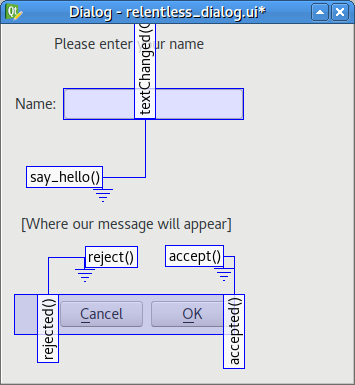 Our custom slot in the dialog window. All signals and
slots.