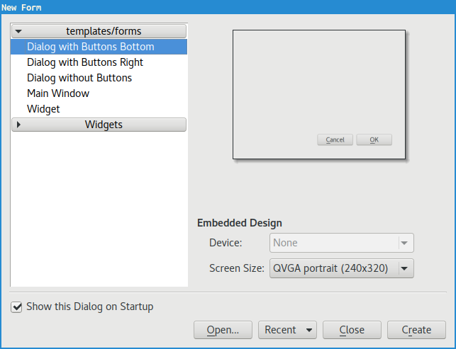 Qt Designer's "new form" dialog. Qt Designer’s “new form”
dialog.