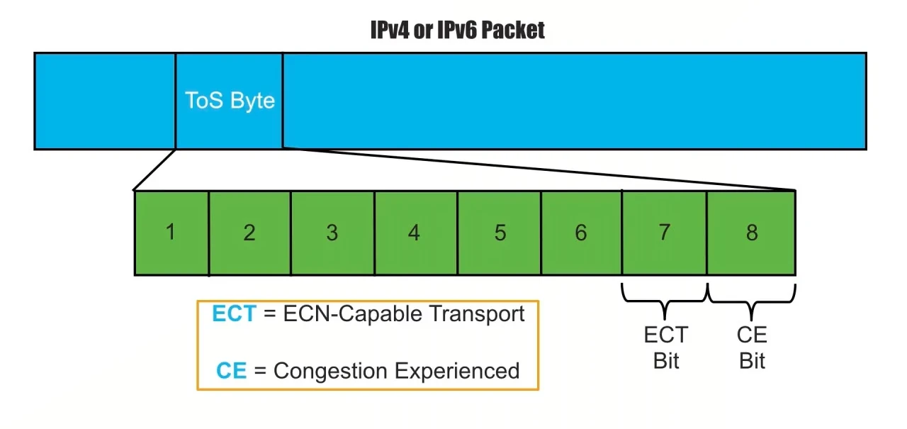 The IPv4 ToS byte and IPv6 Traffic Class byte showing the last 2 bits being
used for ECT and CE.