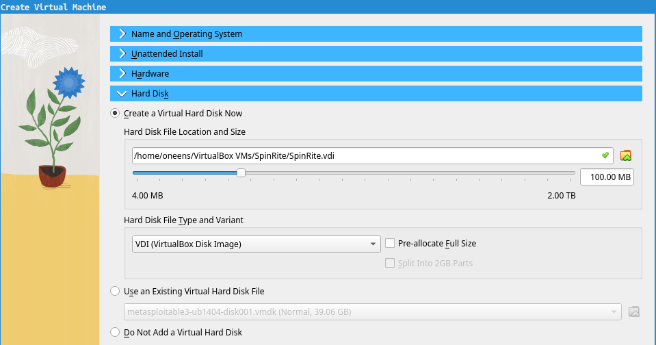 The &ldquo;Hard Disk&rdquo; section of the &ldquo;Create Virtual Machine&rdquo; wizard. It shows three
radio buttons. The upper one, &ldquo;Create a Virtual Hard Disk Now&rdquo;, is selected. It
is set to create a hard disk file called &ldquo;SpinRite.vdi&rdquo; of 100 MB.
