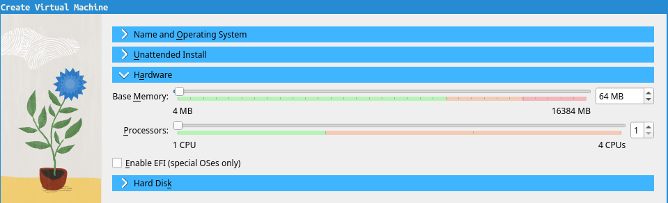 The &ldquo;Hardware&rdquo; section of the &ldquo;Create Virtual Machine&rdquo; wizard. It shows a
slider called &ldquo;Base Memory&rdquo; set to 64 MB and a slider called &ldquo;Processors&rdquo; set to
1.