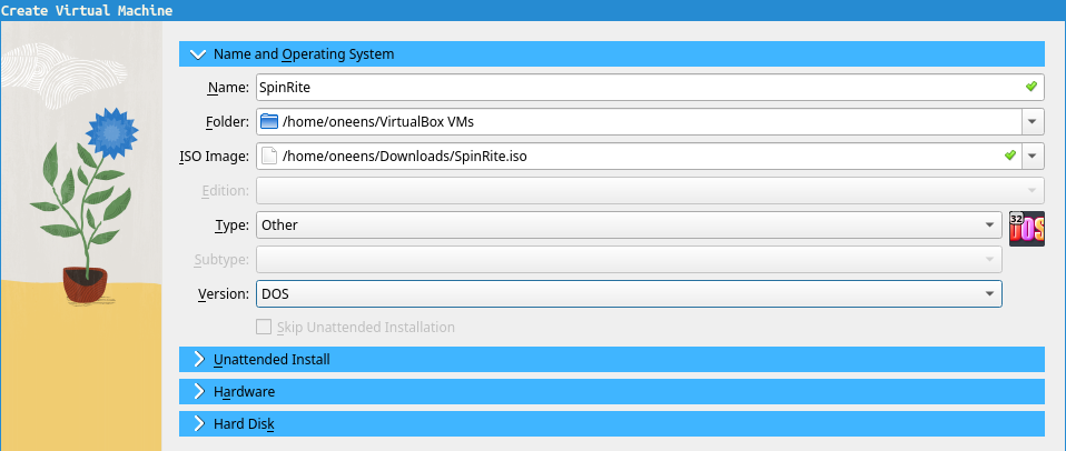 The &ldquo;Name and Operating System&rdquo; section of the &ldquo;Create Virtual Machine&rdquo;
wizard. It shows sections for putting in a name, the ISO image, the OS type and
version.