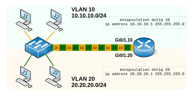 A router-on-a-stick with a switch connected over a trunk link to a
router