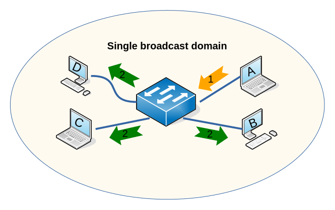 A single broadcast domain: 4 end devices connected to a VLAN-agnostic
switch
